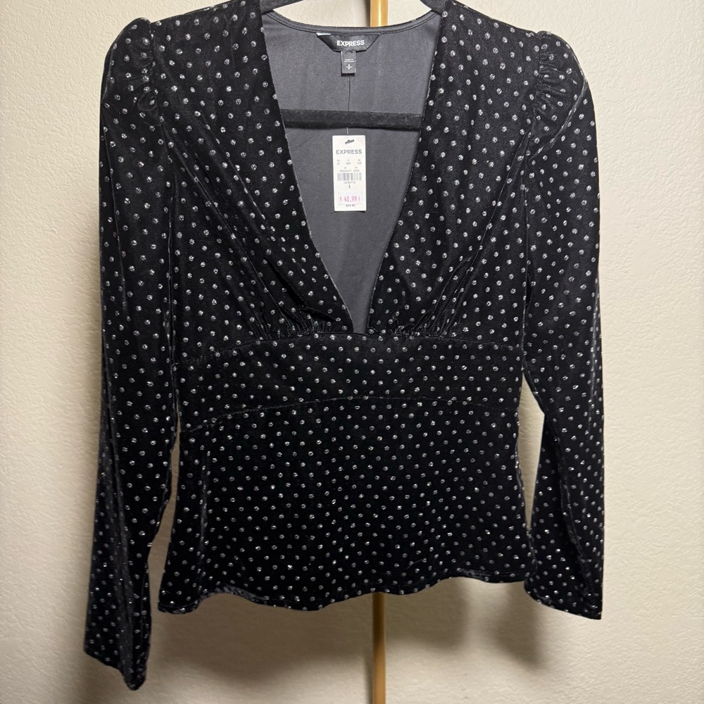 NWT Express Black Vevlet Long Sleeve Plunge V Neck Blouse